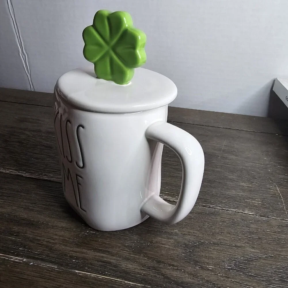 NWT Rae Dunn Artisan Kiss Me St Patrick's Day Mug Four Leaf Clover Topper 2021